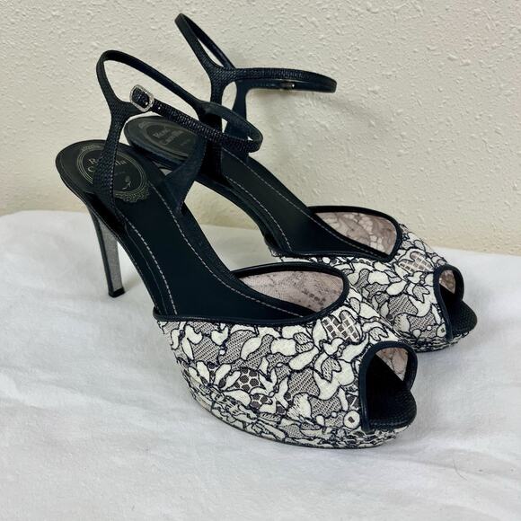 Rene Caovilla Black Lace Peep Toe Platform Heels Womens EU 41 US 10 - Picture 1 of 11